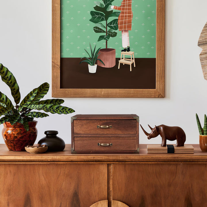 Ciieeo Vintage Schreibtisch Organizer aus Holz, Retro Aufbewahrungsbox mit 2 Schubladen und Metall-E