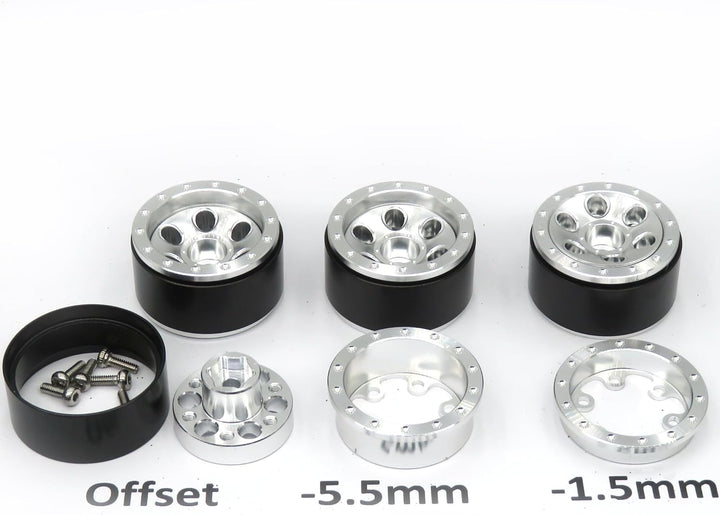hobbysoul 1/24 Räder und Reifen mit einstellbarem Versatz Silberne Farbe, 1,0 Reifen und 1,0 Beadloc