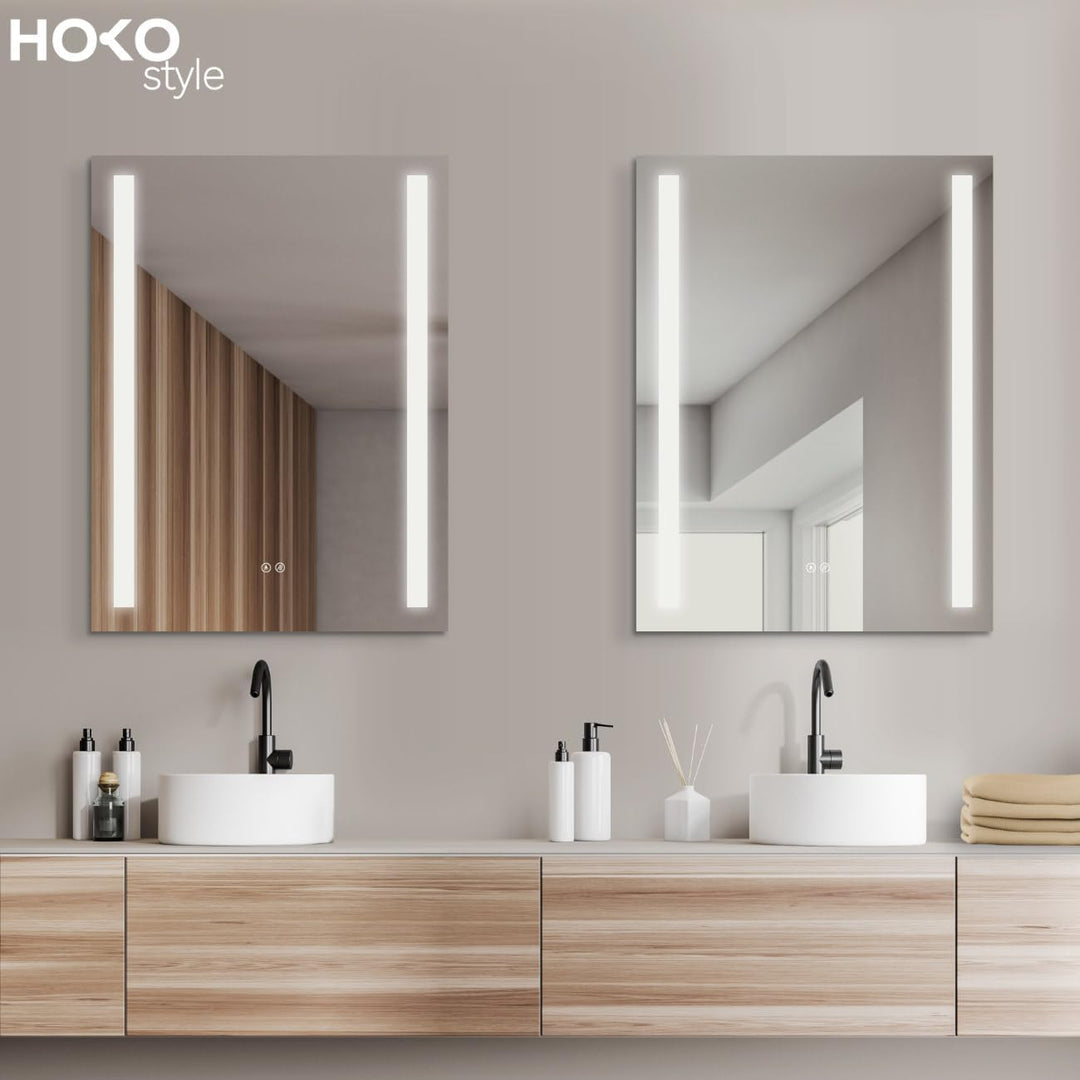 HOKO® LED Badspiegel 60x80 cm BORKUM mit ANTIBESCHLAG SPIEGELHEIZUNG. Design Badezimmerspiegel LED b