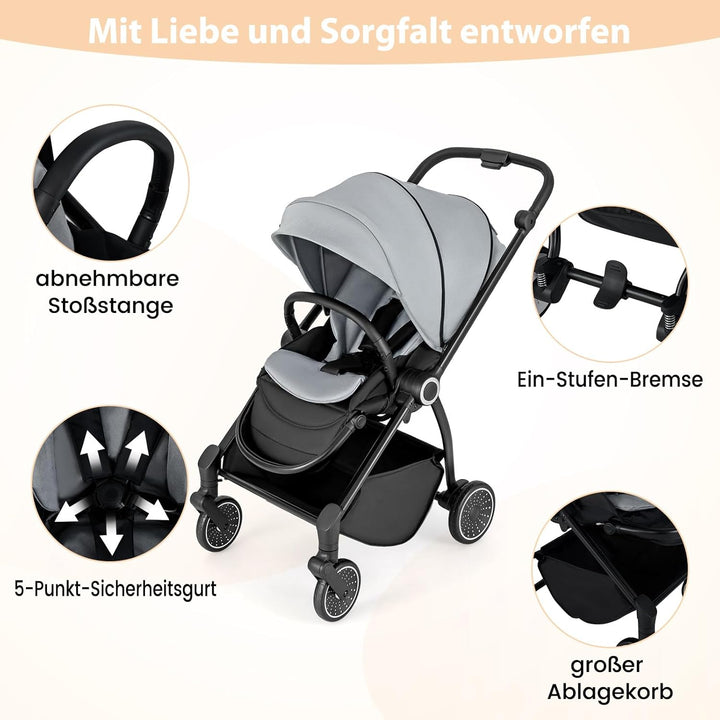 DREAMADE Kinderwagen mit umkehrbarem Sitz, Zusammenklappbarer Reisebuggy mit verstellbarer Rückenleh