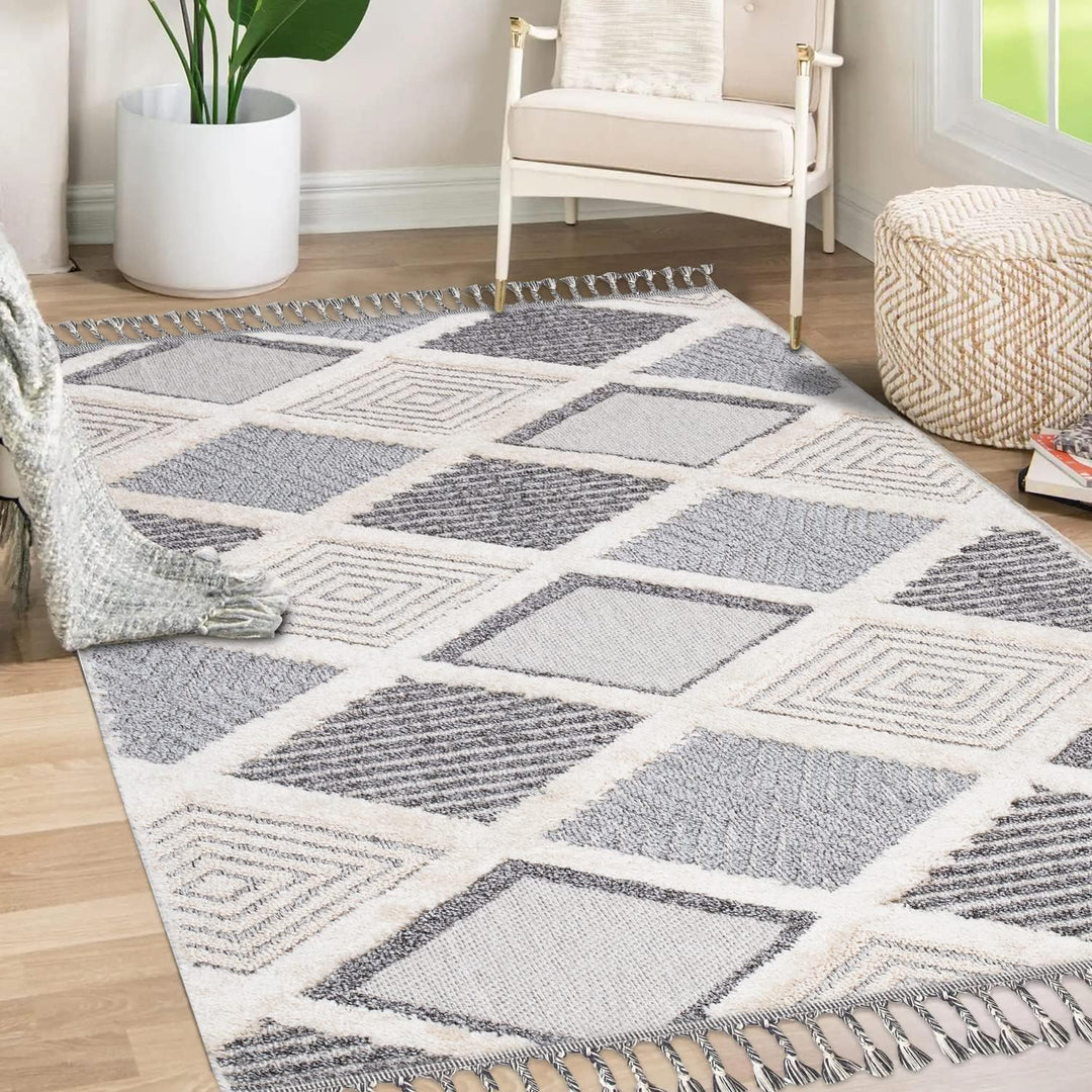 payé Teppich Wohnzimmer - Raute Muster - 80x150cm Creme Grau Blau - Fransen Deko Boho Flauschig - Cu