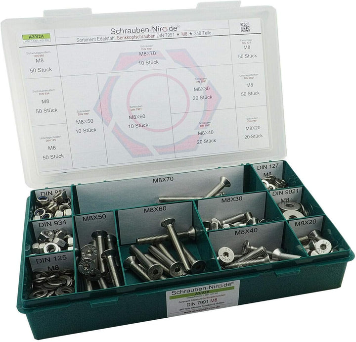Sortiment M8 DIN 7991 (ISO 10642) Edelstahl A2 (V2A) Senkschrauben (Innensechskant) - Set bestehend