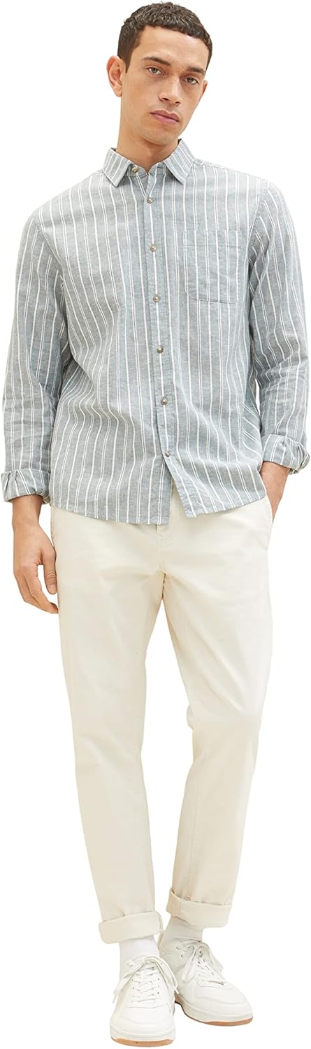 TOM TAILOR Herren Hemd mit Muster aus Leinen XL 31247 - Bluish Green Off White Stripe, XL 31247 - Bl