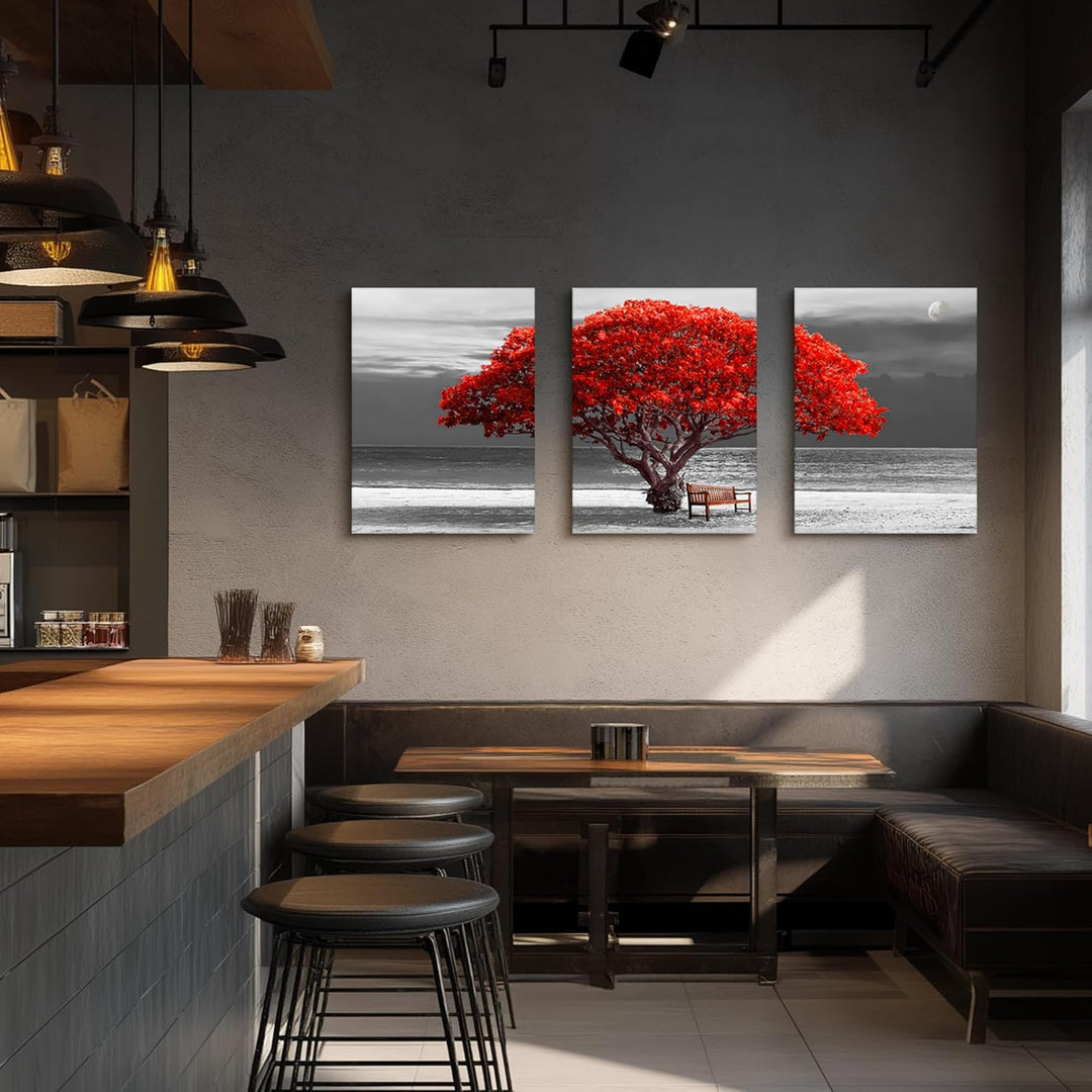 hyidecorart Bilder Baum Rote, Bäume Natur Leinwand Bilder, 3 Teilig Wandbilder Wohnzimmer, Modern Gl