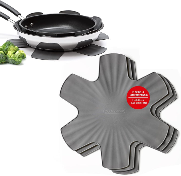 Coolinato 3er Set Pfannenschoner aus Silikon, 35 cm, grau, Topfuntersetzer, Pfannenschutz Stapelschu