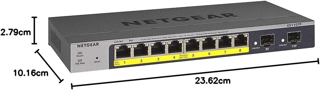 NETGEAR GS110TP 10 Port Gigabit Ethernet LAN PoE Switch Smart (Managed mit 8x PoE+ 55W, 2x 1G-SFP, l
