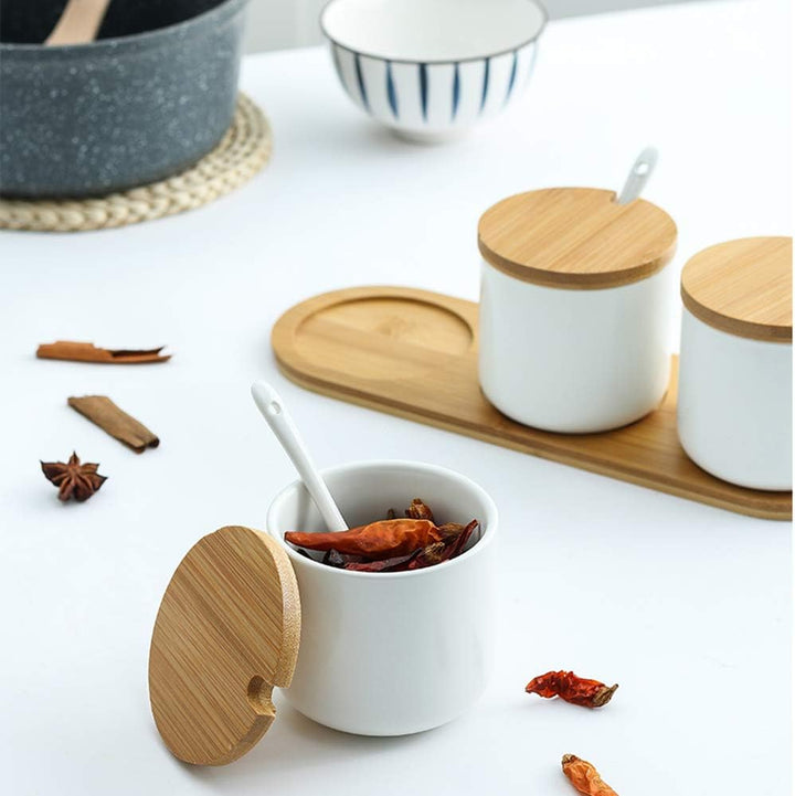 2er Set Keramik Gewürzdosen Salztopf - Höhe 10cm Keramik Zuckerdose Gewürzgläser mit Löffel und Deck