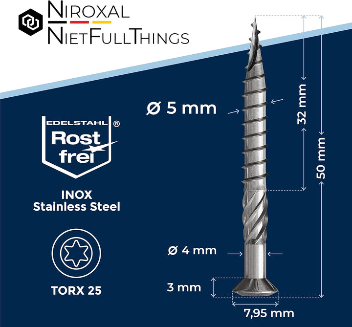 200 Stück Terrassenschrauben 5 x 50 mm lang | PERFEKT für 20 mm Terrassendielen | rostfreier gehärte