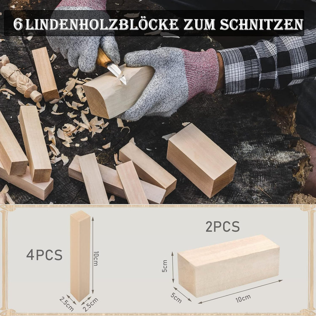 Holz Schnitzwerkzeug Set, KAQ 32 in 1 Schnitzset mit 15* Schnitzmesser, 6 Stück Lindenholz zum Schni
