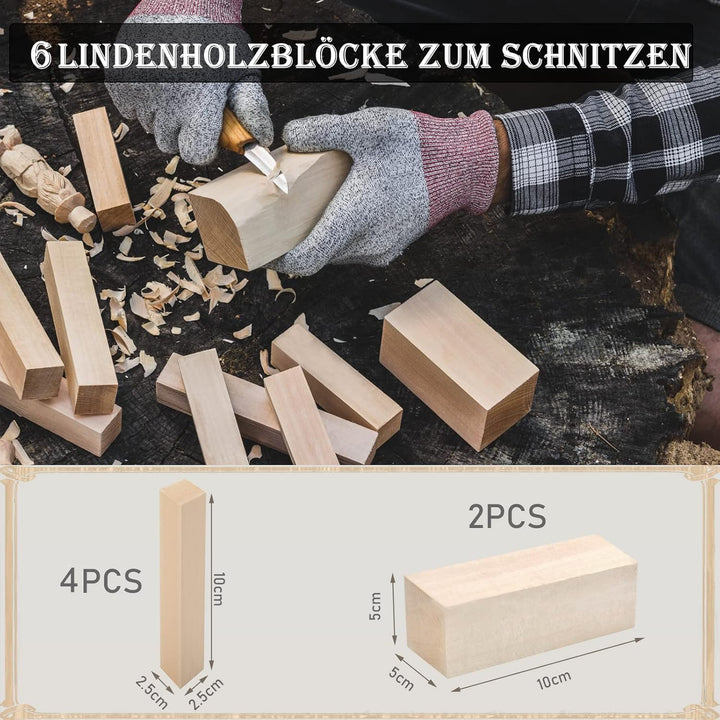 Holz Schnitzwerkzeug Set, KAQ 32 in 1 Schnitzset mit 15* Schnitzmesser, 6 Stück Lindenholz zum Schni