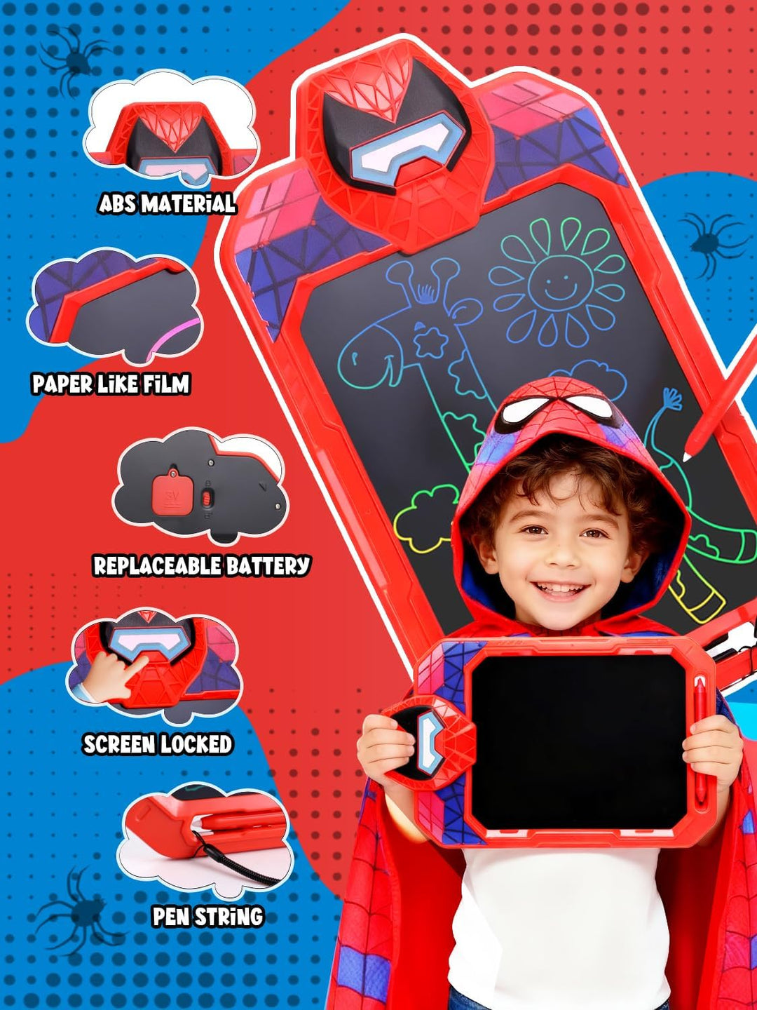 Spider LCD Schreibtafel Kinder, 10'' Bildschirm Zeichenbrett Maltafel mit Sperre und Ein-Klick-Lösch