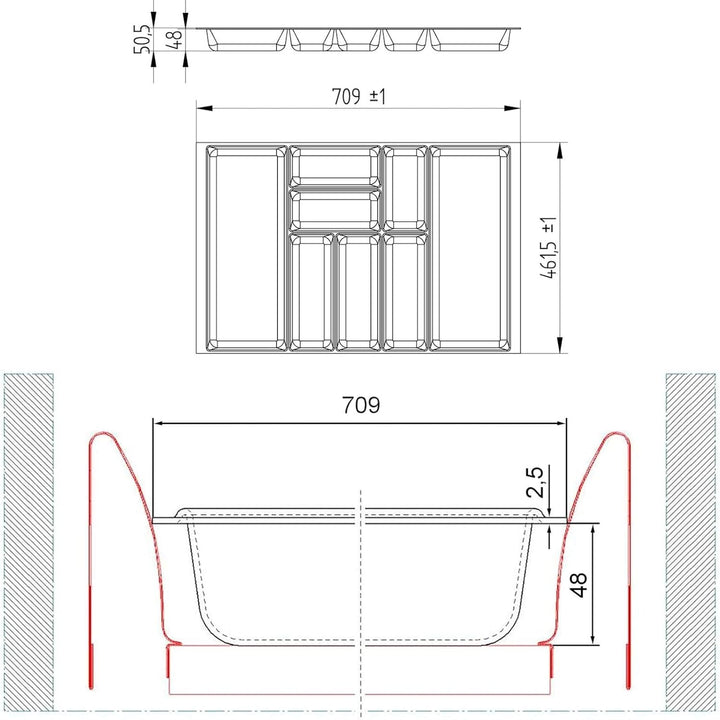 ORGA-BOX 2 Besteckeinsatz Tiefe: 461 x Breite: 709 mm silbergrau mit Canvas Struktur für 80er Nobili