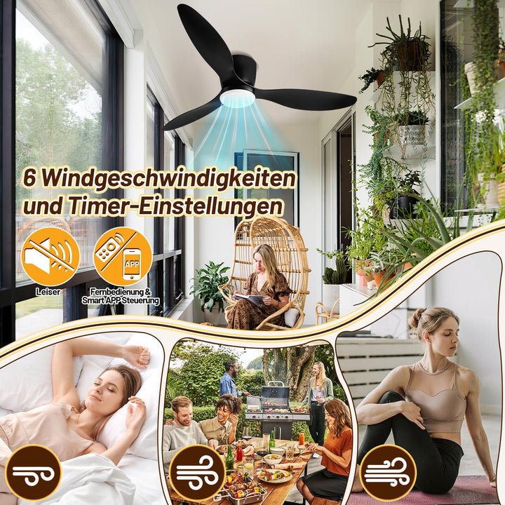 Fiqops 2x Deckenventilator mit Beleuchtung 132cm, Deckenleuchte mit Ventilator Fernbedienung und APP