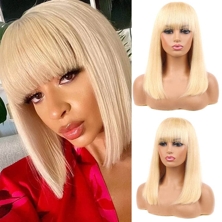 Huarisi 613 Straight Bob Wigs Human Hair with Bangs, 12 Inch Short Blonde Wigs None Lace, 8a Grade B