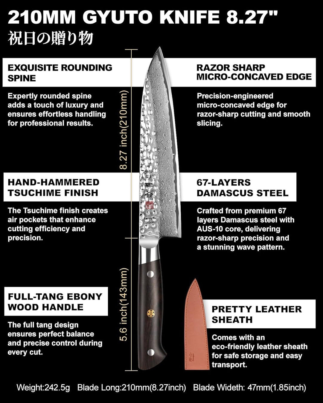 Japanisches Damastmesser 21 cm Gyuto-Messer aus 67 Lagen Damaststahl Griff aus Ebenholz Vollseide, p