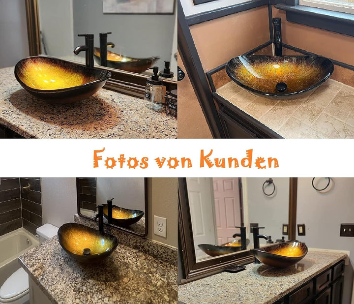 YU YUSING Aufsatzwaschbecken Waschbecken Glas Waschtisch, Oval Hand Waschschale mit Wasserhahn Set,