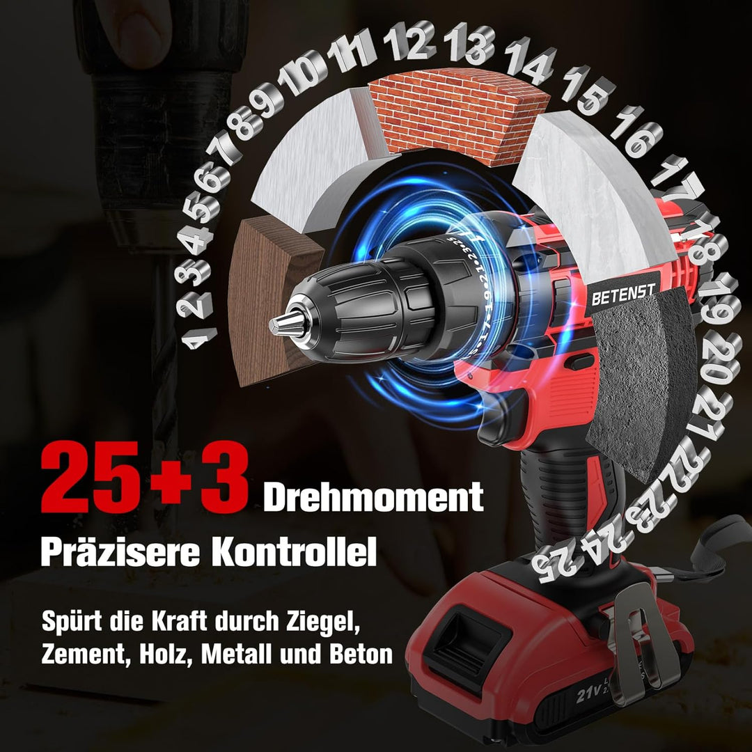 Akkuschrauber, BETENST Akku Bohrmaschine 21V, Akku Bohrschrauber 42Nm mit 2 Akkus 2.0Ah, 25+3 Drehmo