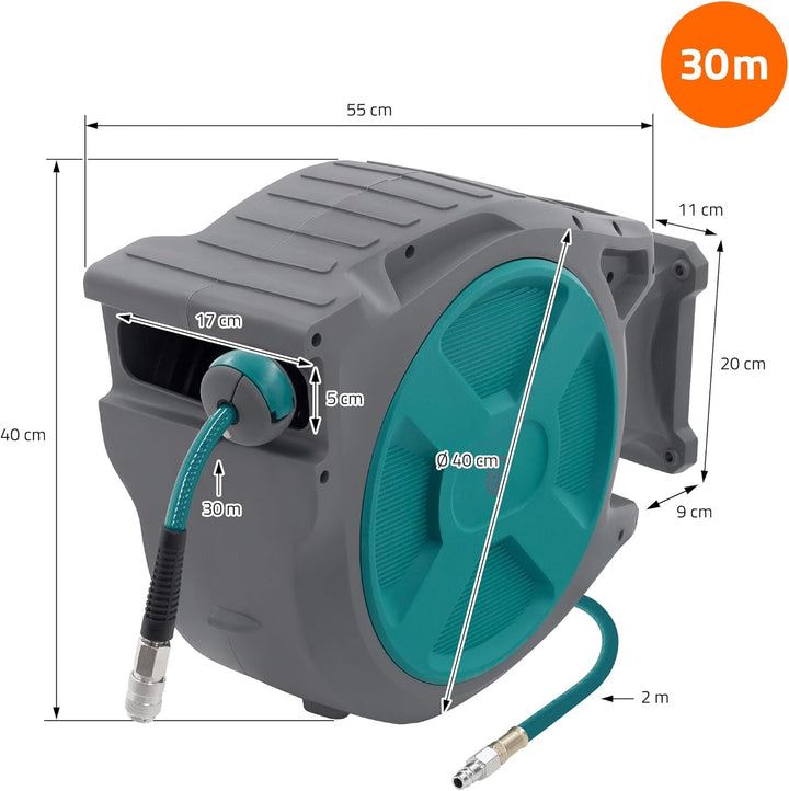 ECD Germany Druckluftschlauchtrommel 30m+2m, Automatischer Aufroller mit Arretierfunktion, 1/4" Ansc