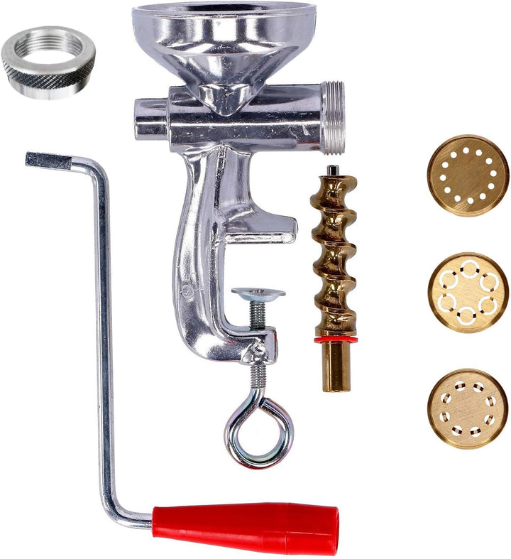 Nudelmaschine manuell mit 3 Matrizen aus Messing und Aluminium für Spaghetti, Makkaroni und Bucatini