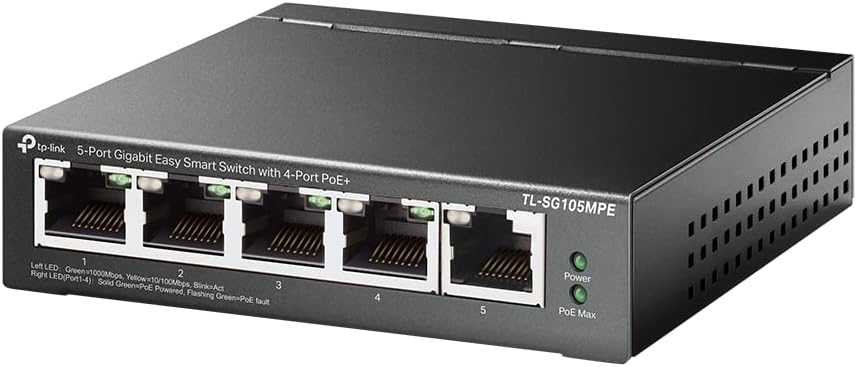 TP-Link TL-SG105MPE 5 Port Managed PoE Switch mit 4 PoE+ Ports (120 Watt, IEEE-802.3af/at PoE,lüfter
