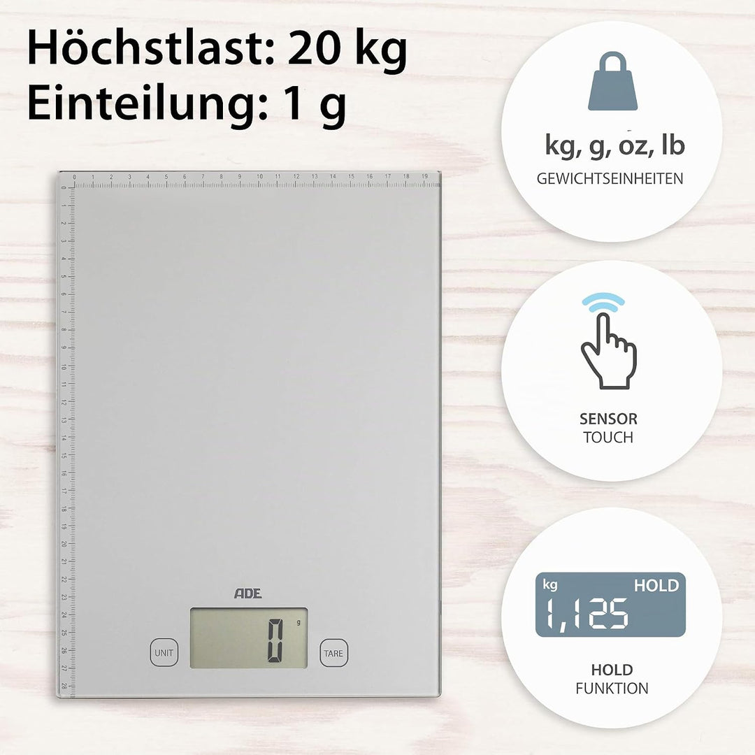 ADE Digitale Briefwaage mit XXL-Wiegefläche und aufgedrucktem Lineal | bis zu 20 kg