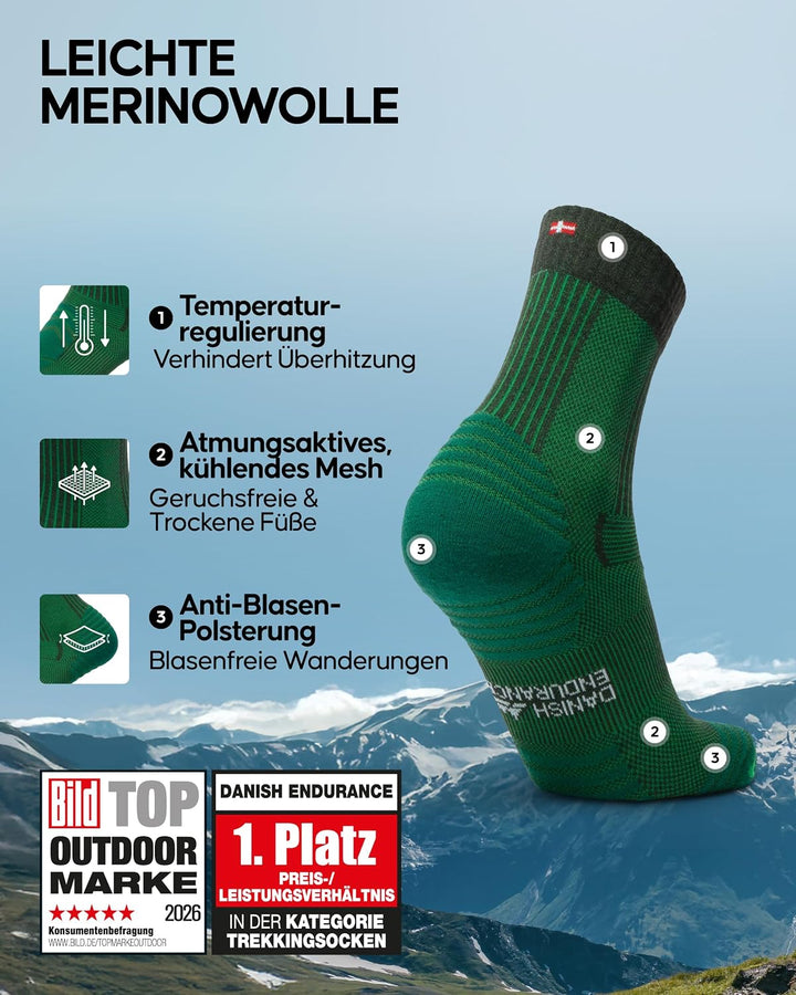 DANISH ENDURANCE Leichte Merinowolle Wandersocken, Atmungsaktiv, 3 &amp; 5 Paar | Leichte Merino Funktio