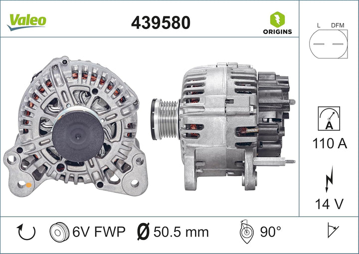 VALEO 439580 Generator Ladestrom des Generators: 110 Amp Rippen: 6 rippen Riemenscheibe Ø: 50,5 mm S