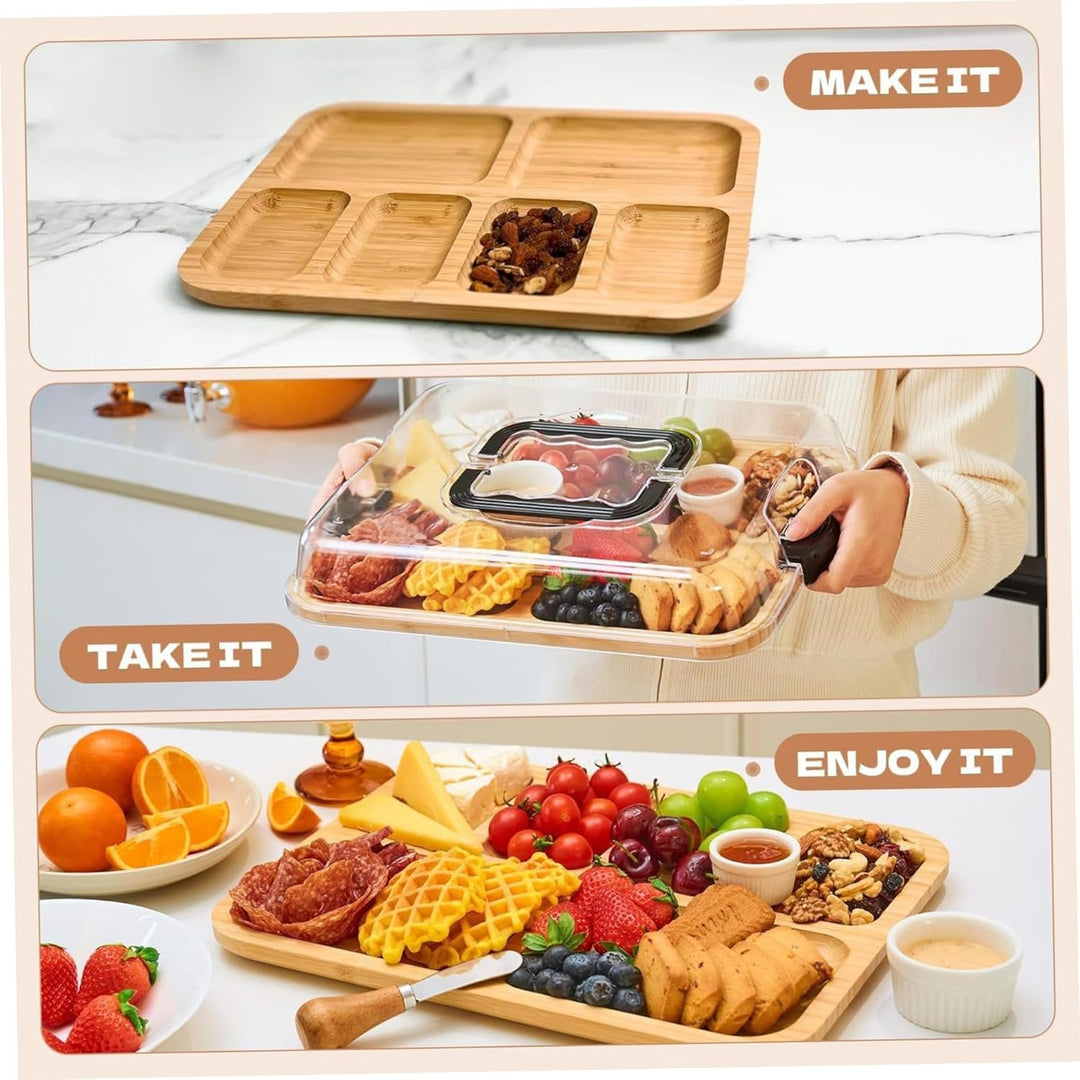 Wurstwarenbrett mit Deckel Bamboo Charcuterie Boards mit Clear Deckel & Handles 6 Fächer, die Tablet