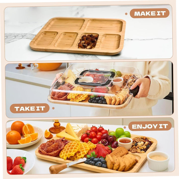 Wurstwarenbrett mit Deckel Bamboo Charcuterie Boards mit Clear Deckel & Handles 6 Fächer, die Tablet