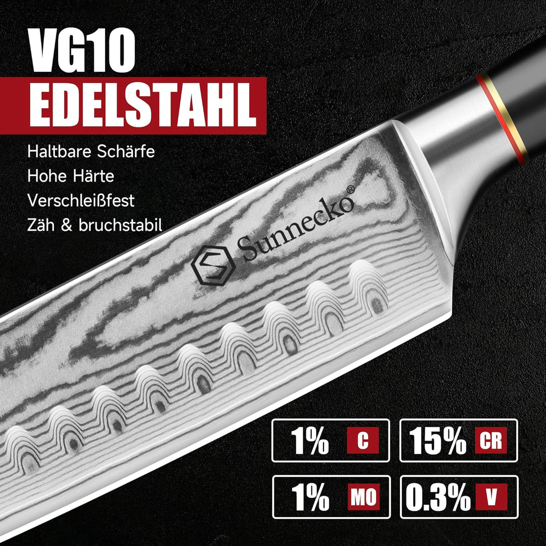 Sunnecko Santoku Messer Damastmesser 17cm, Hochwertiges Küchenmesser aus VG-10 Stahl, Fleischmesser