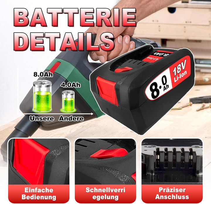 Ersatzakku für Bosch Home and Garden Werkzeuge 2 Stück 8000mAh 18V Lithium Ionen Kompatibel mit Bosc