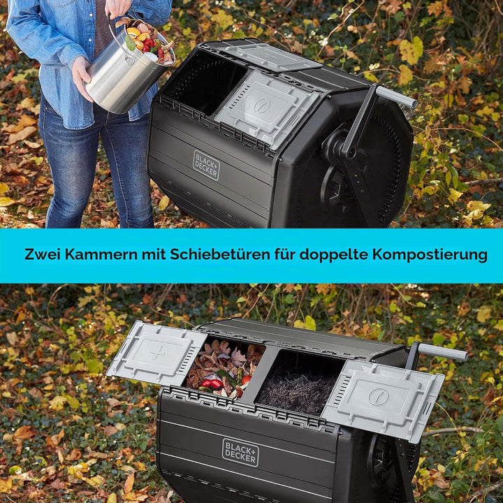 BLACK+DECKER Kompostbecher, Doppelkammer-Komposter, 40 Gallonen, einfaches Griffsystem für Kompostie