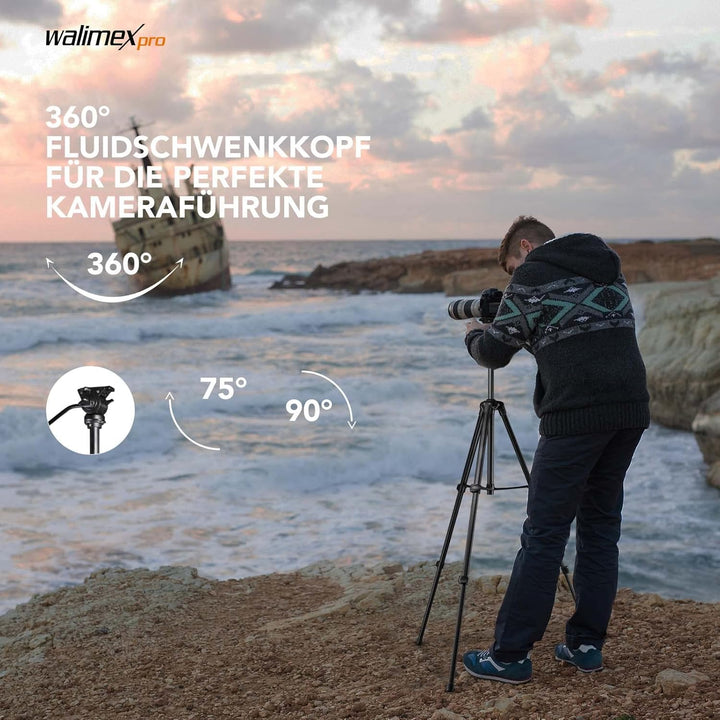 Walimex pro Videostativ mit Fluidkopf, Smartphone-Halterung &amp; Tasche I Advanced 173cm, leicht &amp; stab