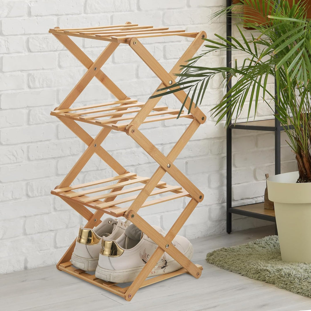 Fentar Schuhregal Schmal, 4 Ebenen Schuhregal Bambus Schuh Organizer, Kleines Klappregal, Mini Regal