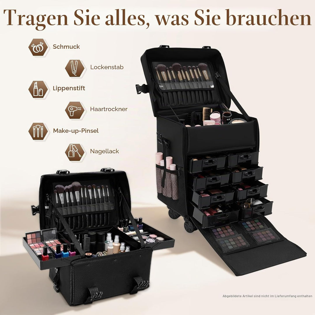 2 in 1 Kosmetikkoffer, Abnehmbarer Kosmetikkoffer Trolley mit Rollen und Deichsel, Friseurkoffer mit