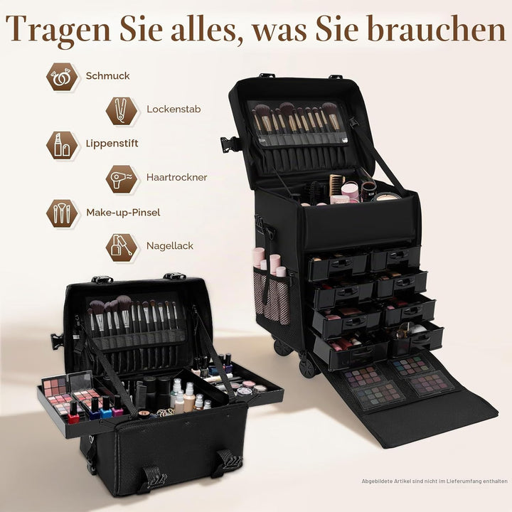 2 in 1 Kosmetikkoffer, Abnehmbarer Kosmetikkoffer Trolley mit Rollen und Deichsel, Friseurkoffer mit