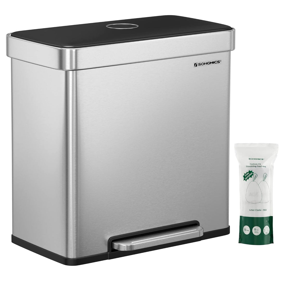 SONGMICS Mülleimer Küche, 2 x 30L, Mülltrennsystem, 2 Fächer, 15 Müllsäcke, Abfalleimer aus Edelstah