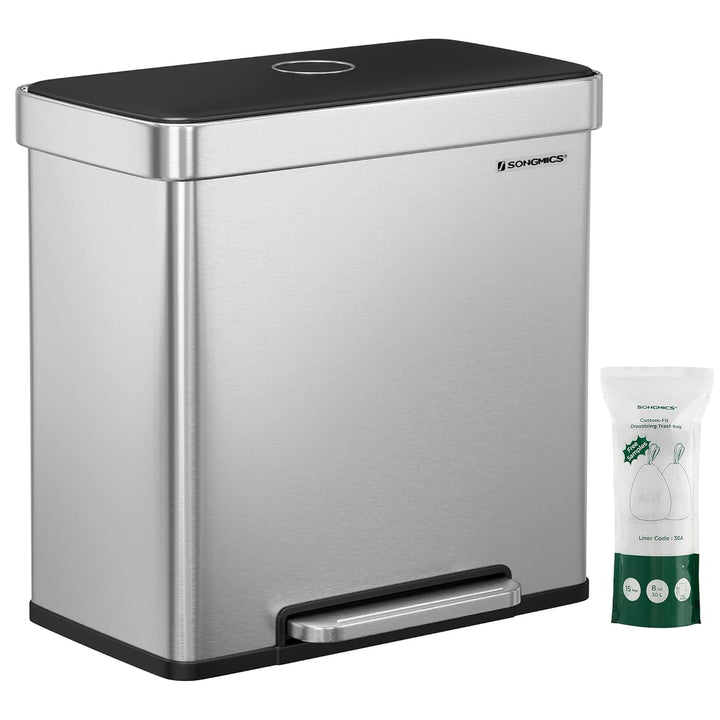 SONGMICS Mülleimer Küche, 2 x 30L, Mülltrennsystem, 2 Fächer, 15 Müllsäcke, Abfalleimer aus Edelstah