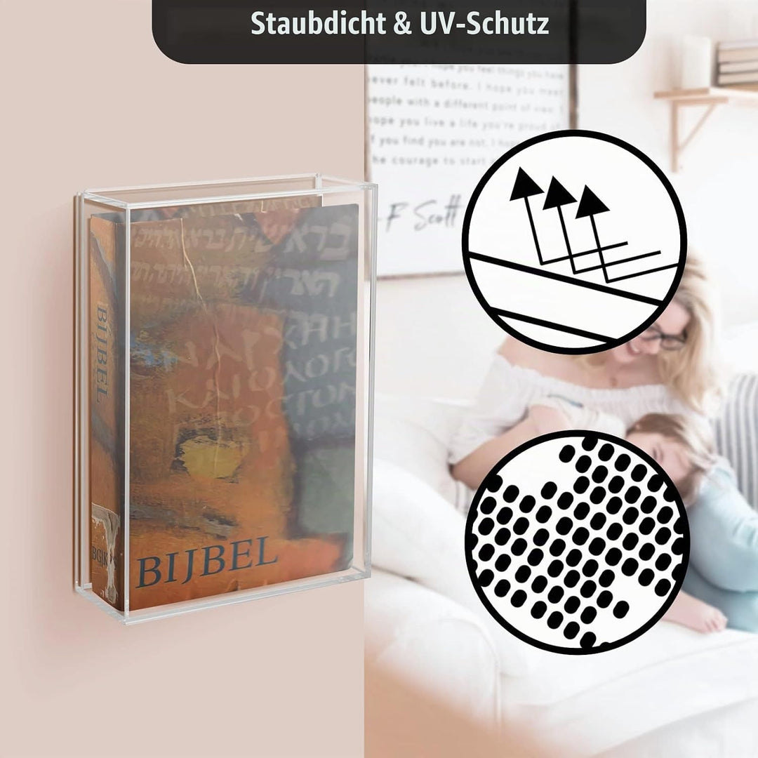 Transparente Vitrine für Bibel, Acryl-Wandhalterung, vertikale & horizontale Vitrinen, Buchvitrine F