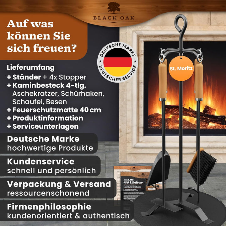 BLACK OAK Kaminbesteck ST. MORITZ 6-teilig - wohnliches & dekoratives Ofenbesteck Set schwarz mit Ho