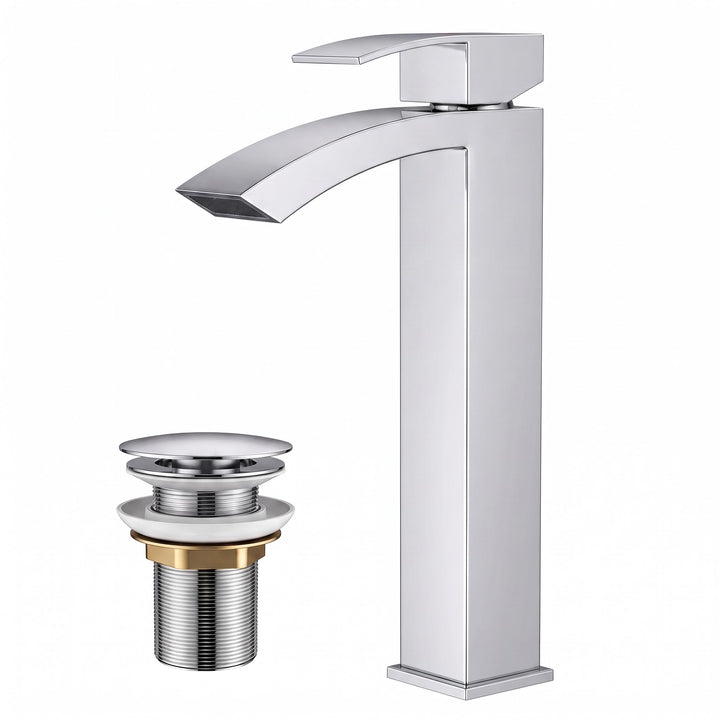 FORIOUS Wasserhahn Bad mit Ablaufgarnitur, Wasserfall Waschtischarmatur Hoch mit Auslauf Höhe 225 mm