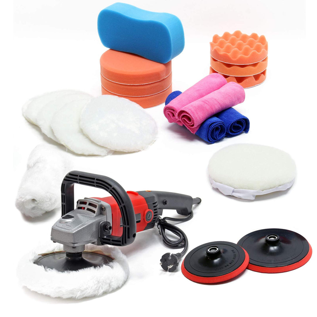 Wiltec Poliermaschine Set aus 21 Teilen 1200W bis 3000 U/min, Schleifgerät mit 6 Stufen inkl. vieler
