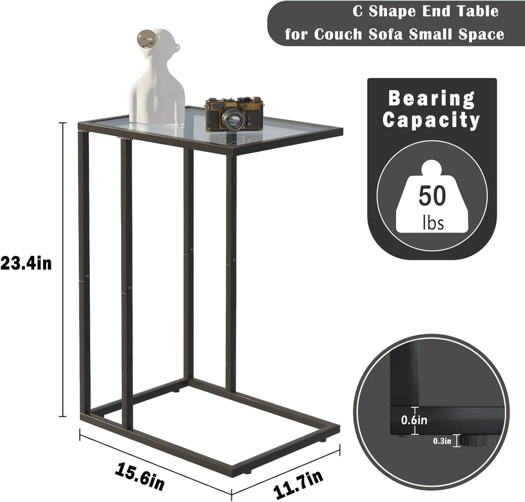 Huhote C-förmiger Beistelltisch 2er Set, Glas-Beistelltisch für Couch, Sofatisch mit Metallrahmen, C