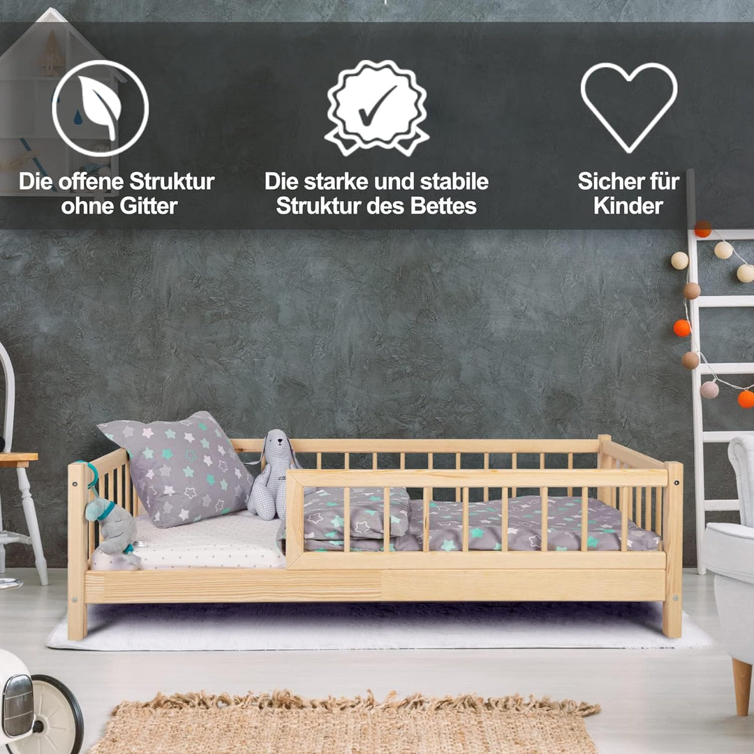 Alije Kinderbett Bett mit Rausfallschutz 90x190cm NINA Lattenrost Bettgestell aus Kiefer Holz für Ha