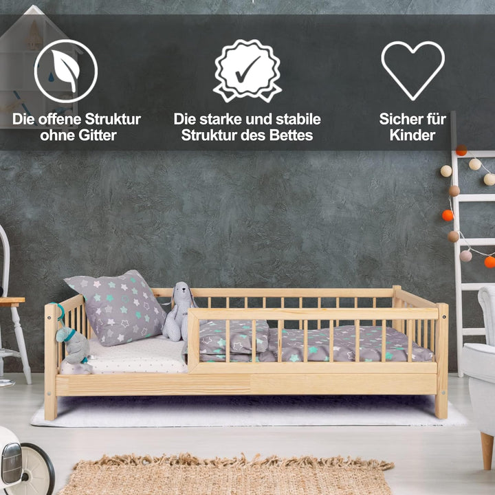 Alije Kinderbett Bett mit Rausfallschutz 90x190cm NINA Lattenrost Bettgestell aus Kiefer Holz für Ha