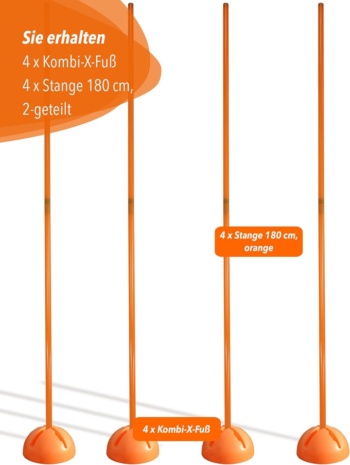 Kombi-X-Standfuss aus Kunststoff &amp; Slalomstange 180 cm – 4er Set – befüllbarer Standfuss – Stange fü