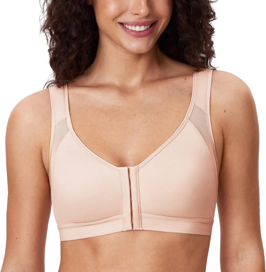 DELIMIRA Damen Haltungskorrektur Bügelloser BH mit Vorderverschluss Rückenstütze BHS Grosse Grössen