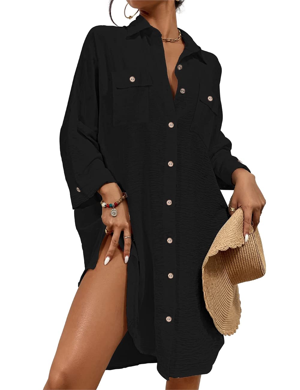 Bsubseach Badeanzug Coverups für Frauen Button Down Strand Shirt Kleid Badeanzug Cover Up Resort Wea