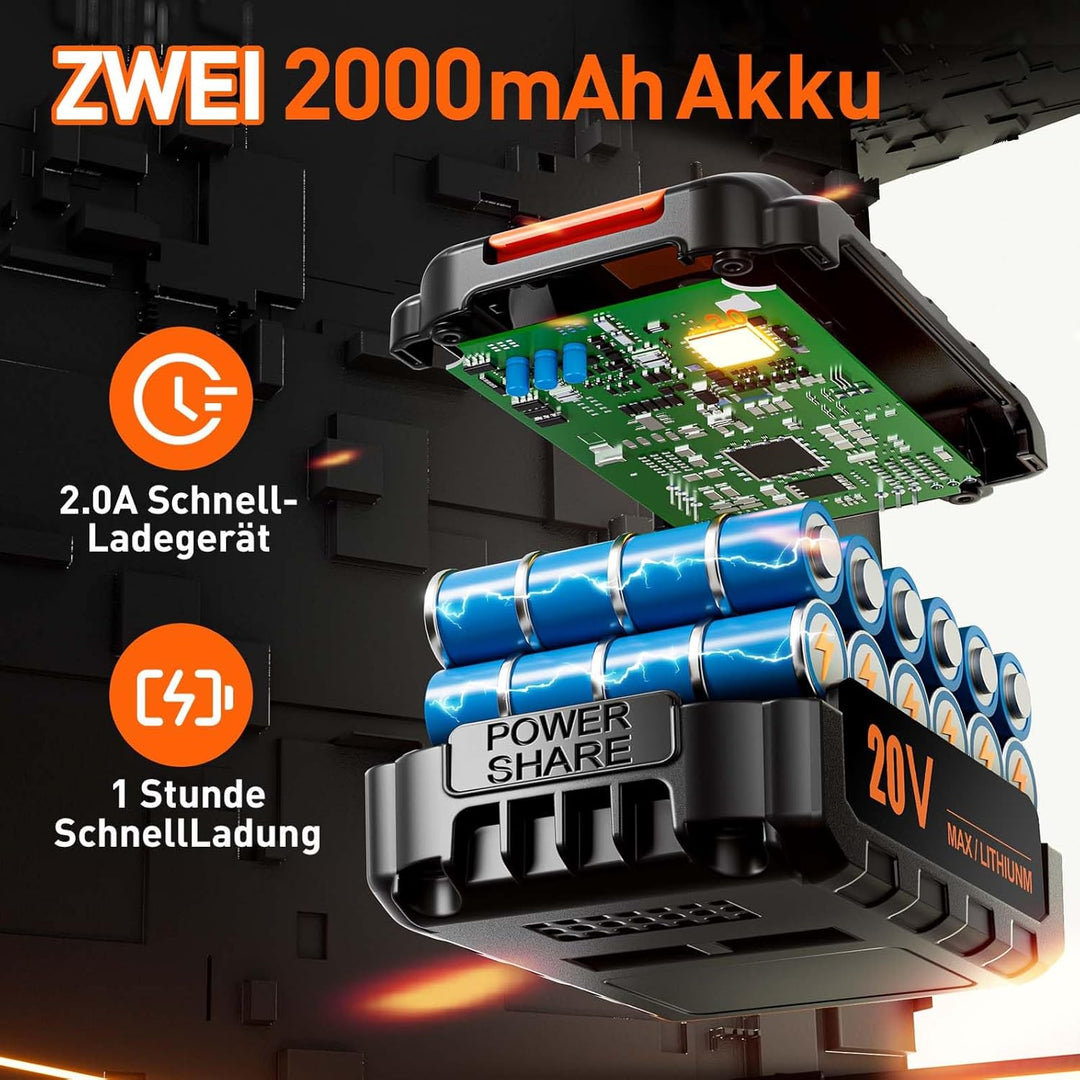 Akkuschrauber, 20V Akku Bohrschrauber Set mit 2 Akkus 2.0Ah, Akkubohrer 42Nm Drehmoment, 25+1 Drehmo