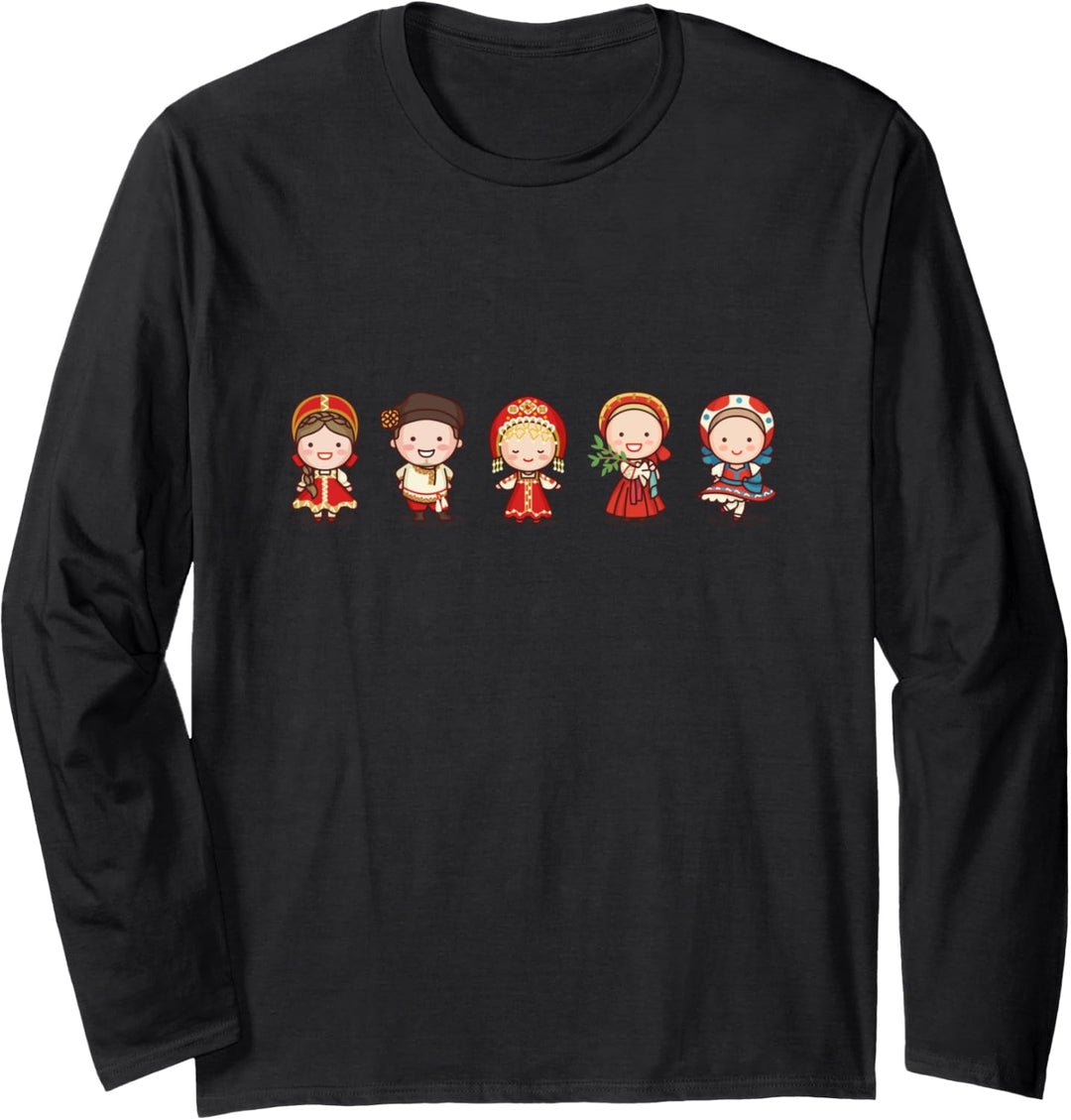 Niedliche traditionelle russische Figuren in russischer Langarmshirt